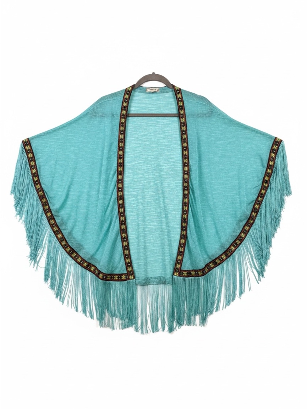 ‘Janice’ Turquoise Fringe Kimono with beautiful accented trim.one size